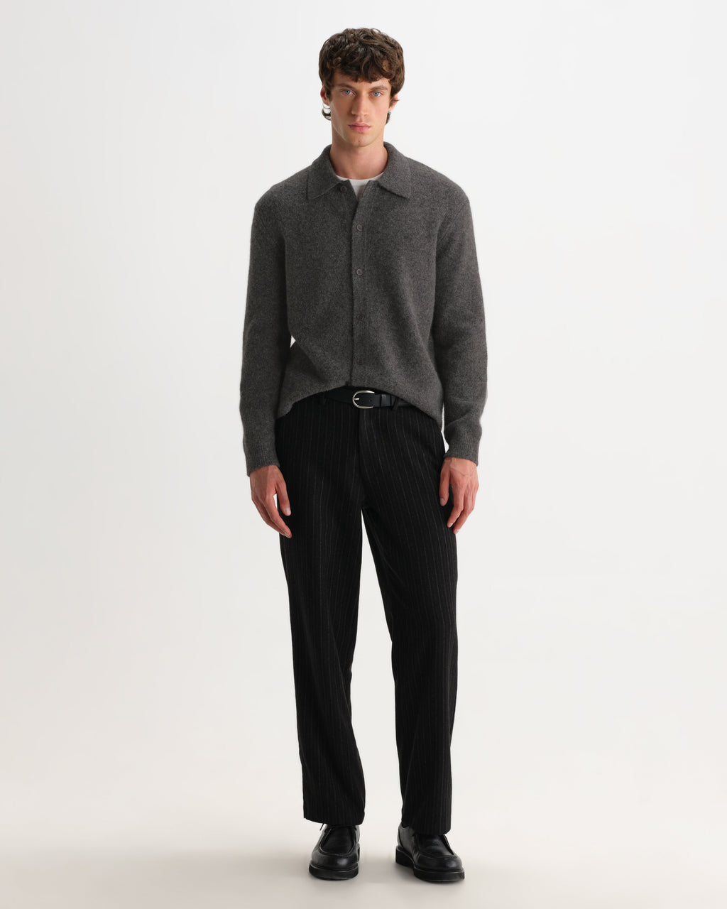 Tristan - Charcoal Fluffy Long-Sleeve Knitted Polo