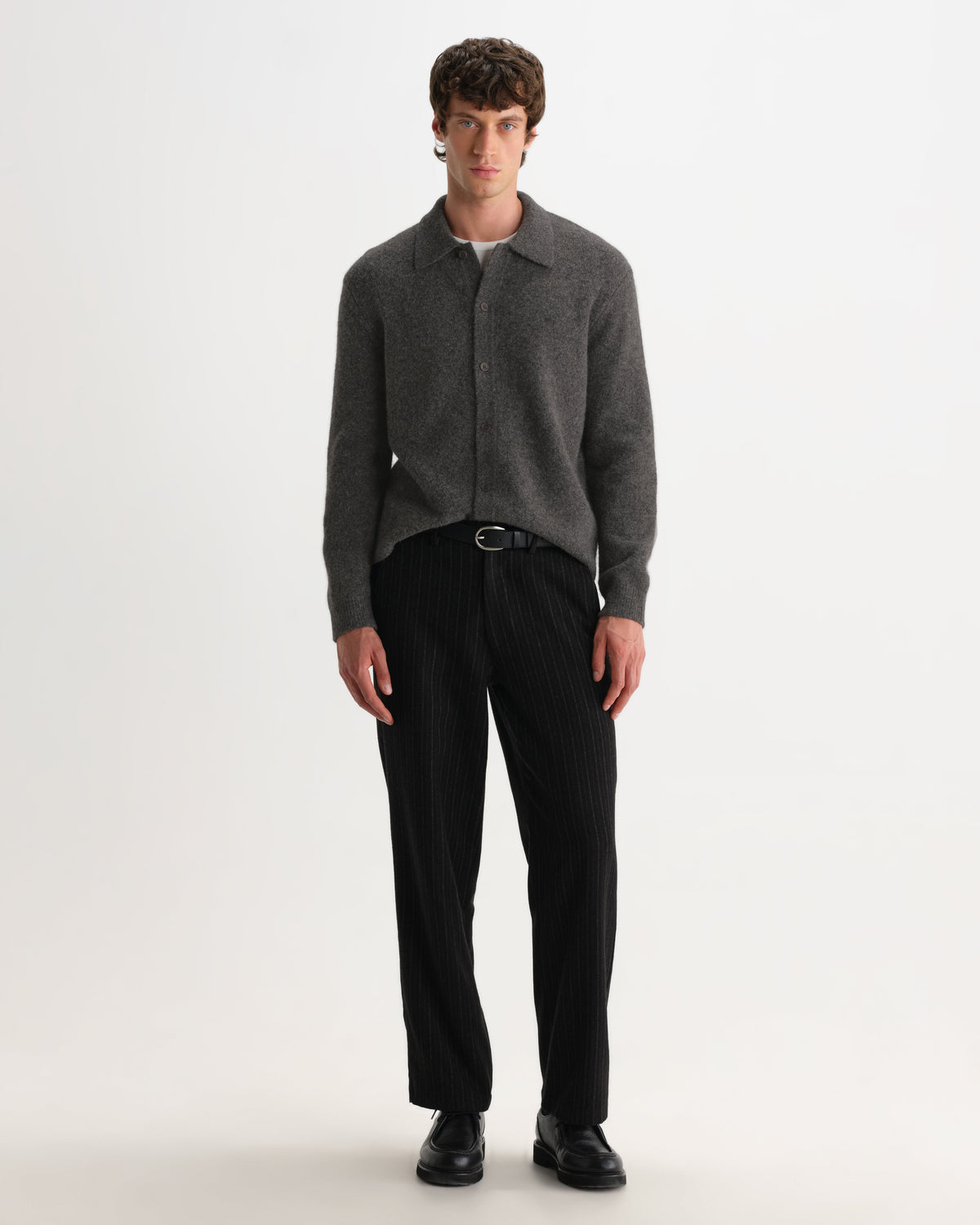 Tristan - Charcoal Fluffy Long-Sleeve Knitted Polo