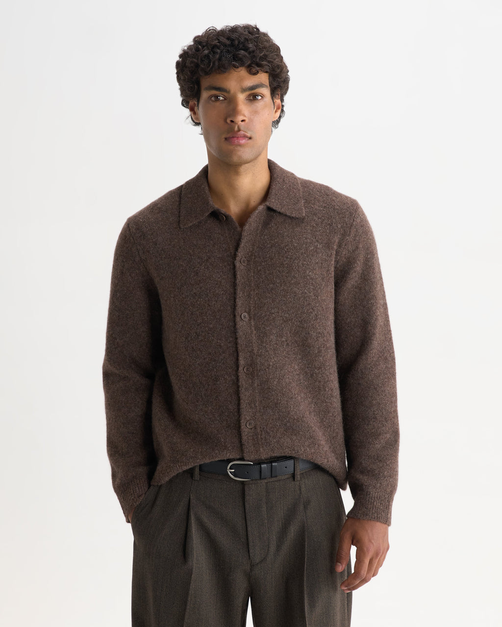 Tristan - Chocolate Brown Fluffy Long-Sleeve Knitted Polo