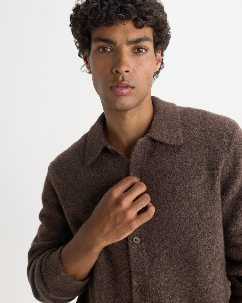 Tristan - Chocolate Brown Fluffy Long-Sleeve Knitted Polo