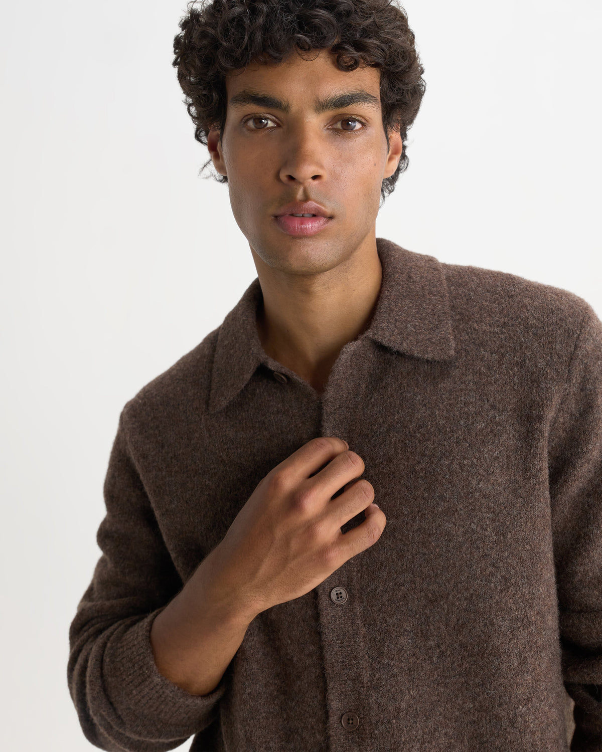 Tristan - Chocolate Brown Fluffy Long-Sleeve Knitted Polo