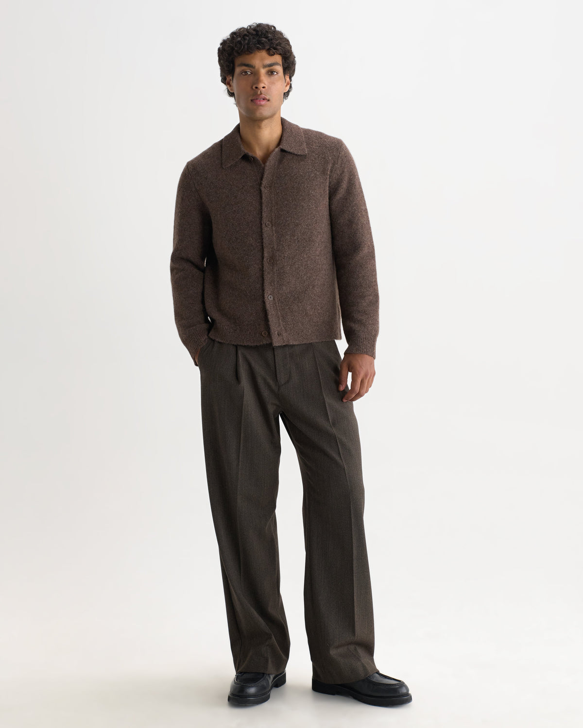 Tristan - Chocolate Brown Fluffy Long-Sleeve Knitted Polo