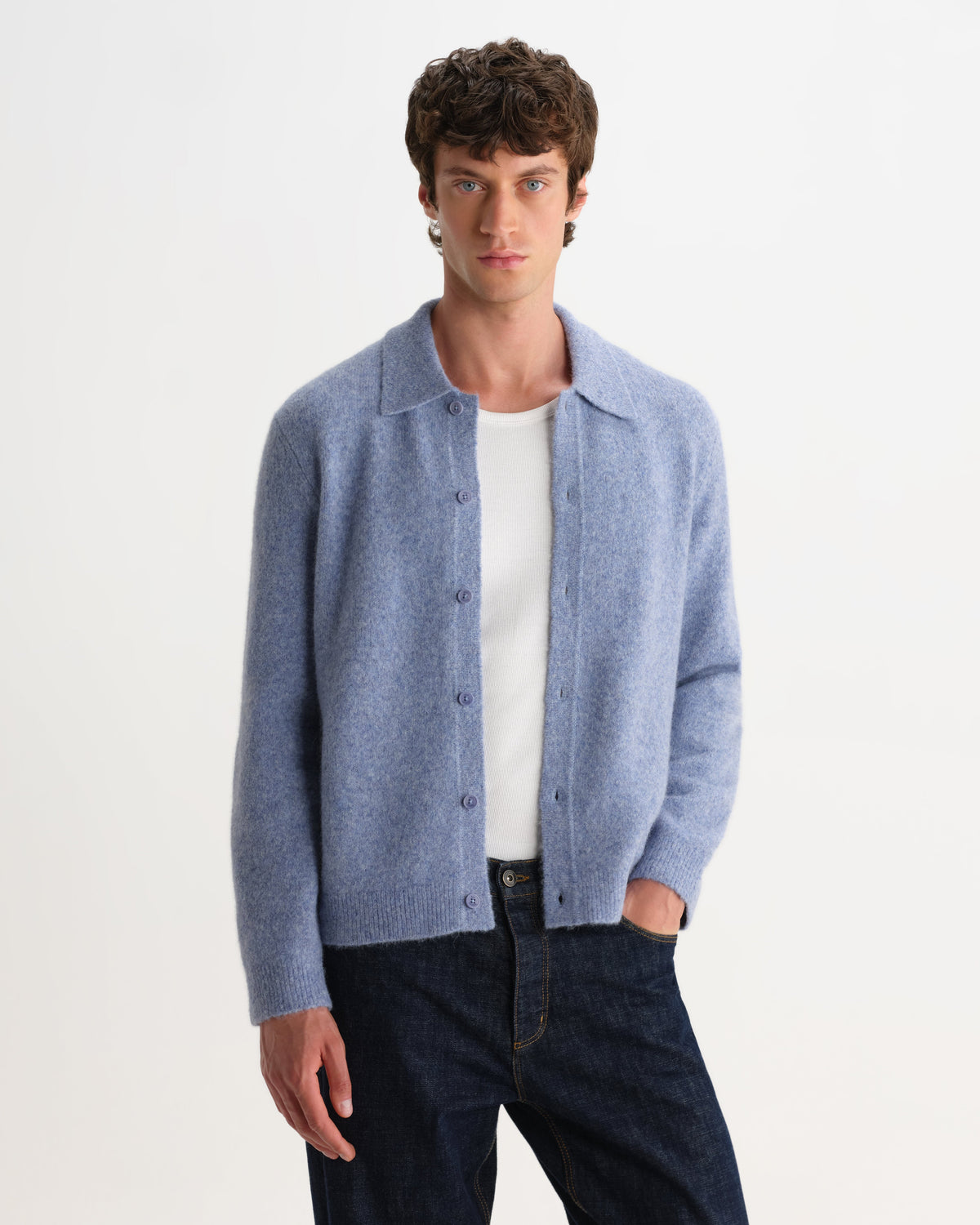 Tristan - Light Blue Fluffy Long-Sleeve Knitted Polo