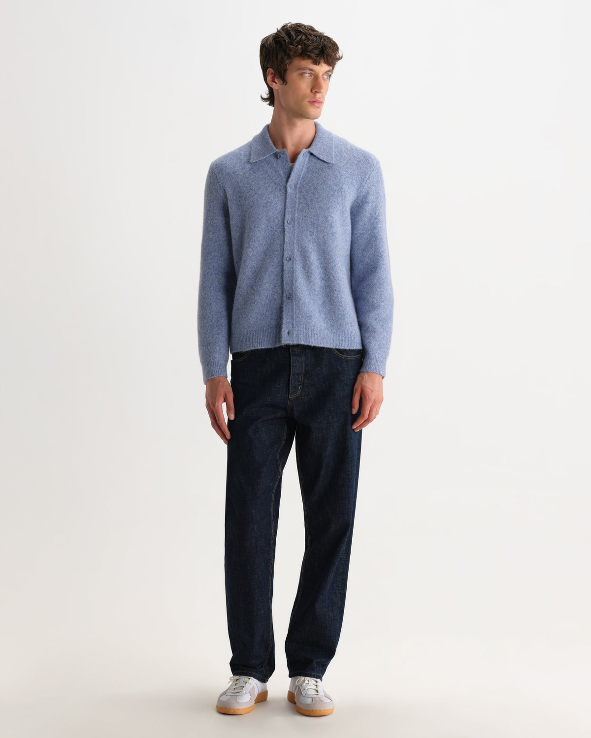 Tristan - Light Blue Fluffy Long-Sleeve Knitted Polo