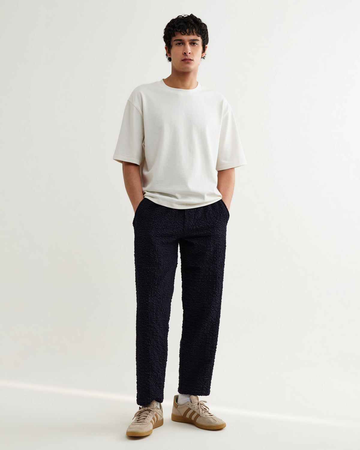 Tyne - Dark Navy Jumbo Seersucker Loose Fit Trousers