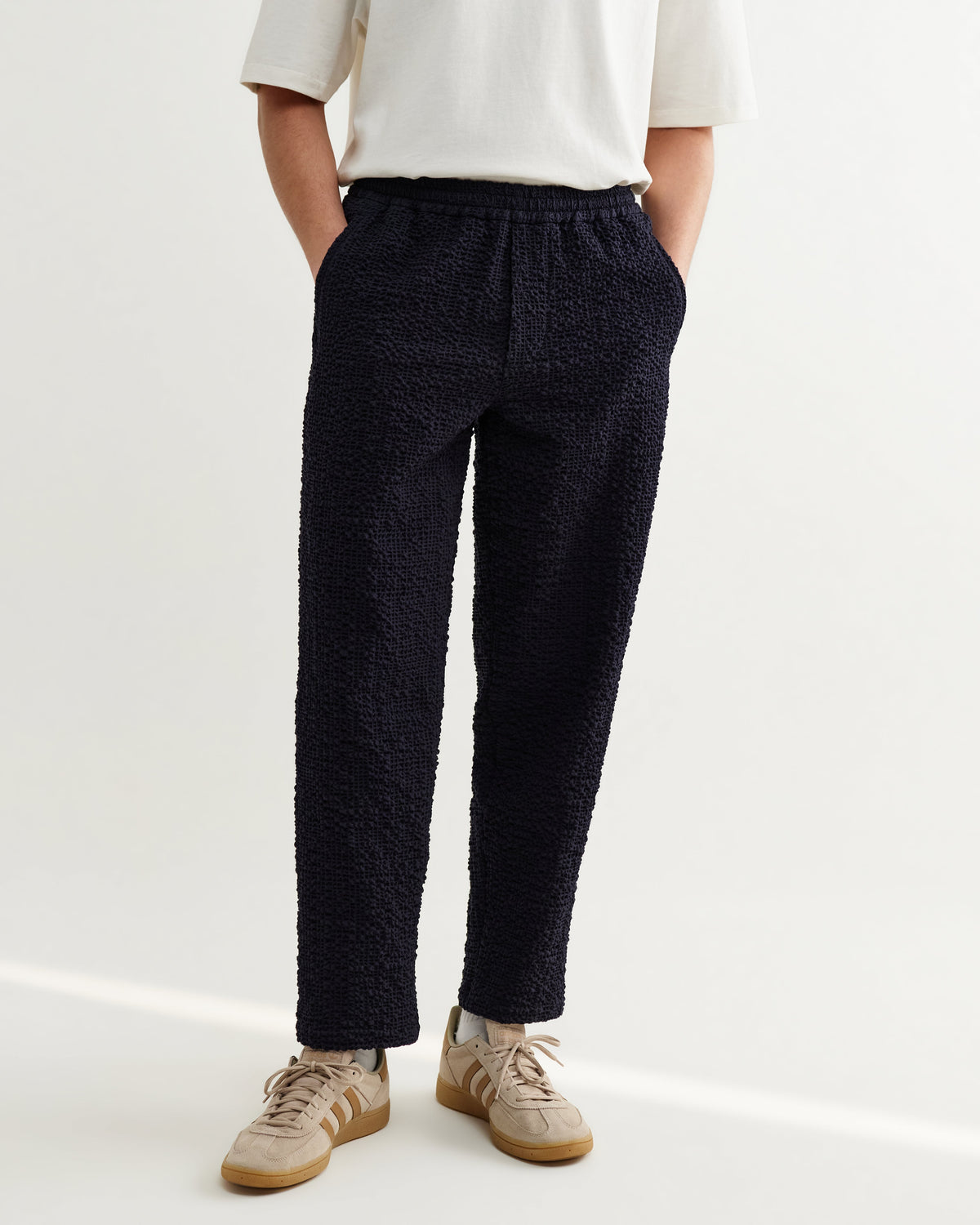 Tyne - Dark Navy Jumbo Seersucker Loose Fit Trousers