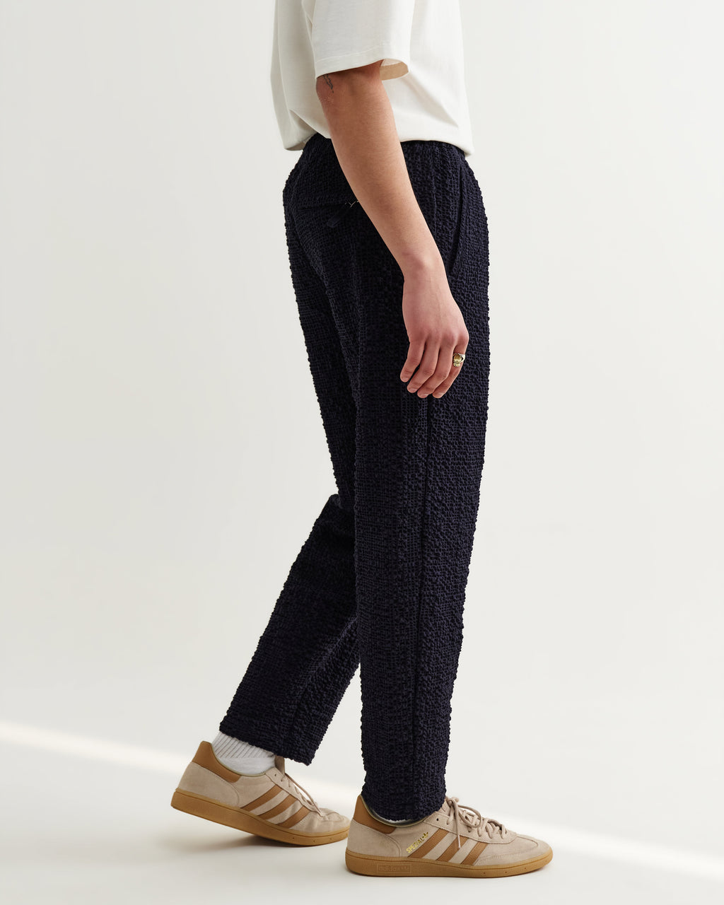 Tyne - Dark Navy Jumbo Seersucker Loose Fit Trousers