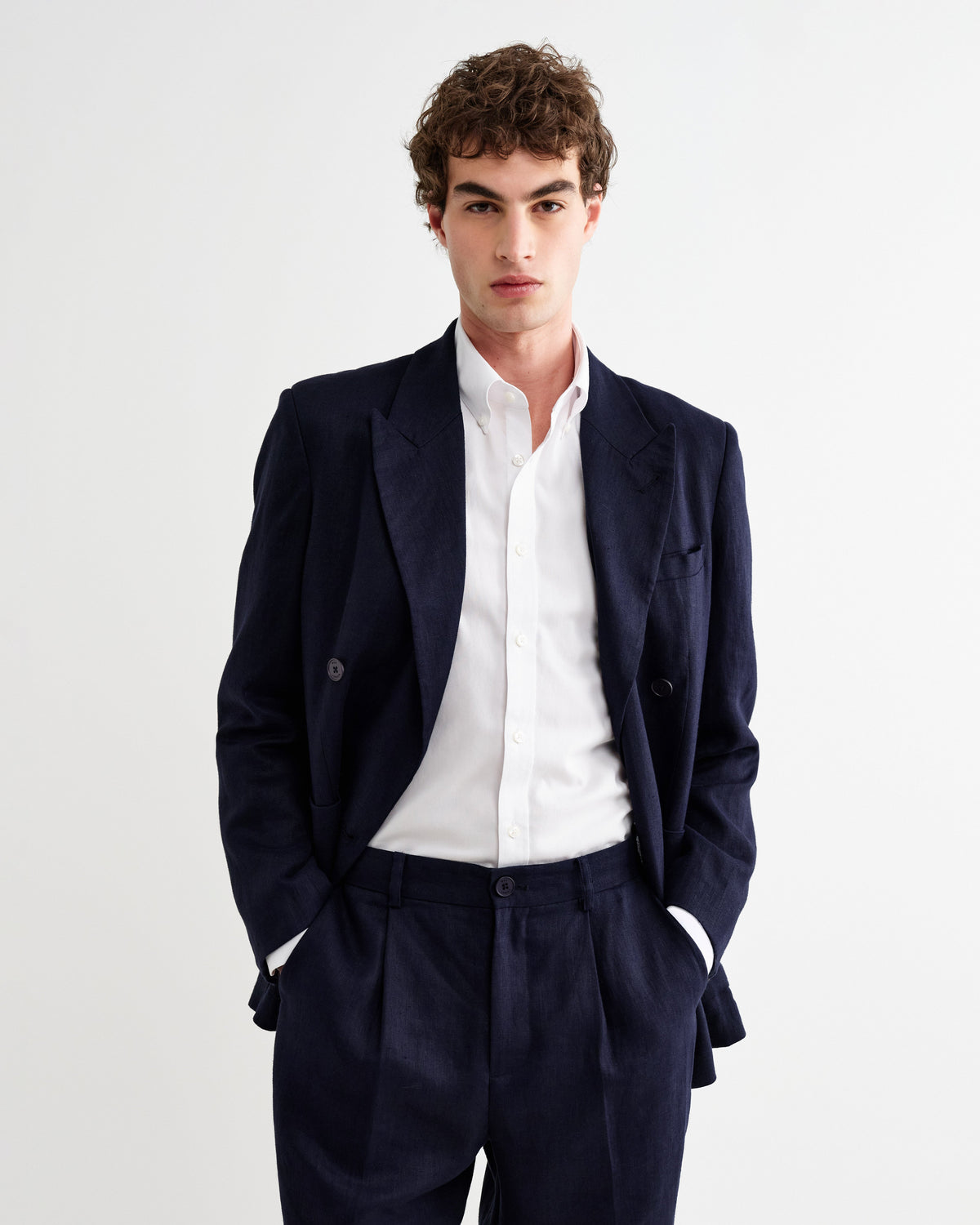 Vigo - Navy Linen Double-Breasted Blazer
