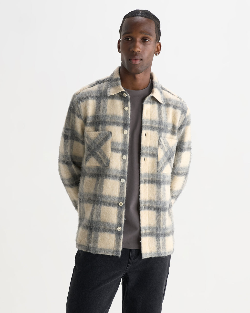 Whiting - Ecru And Grey Check Wool Blend Overshirt