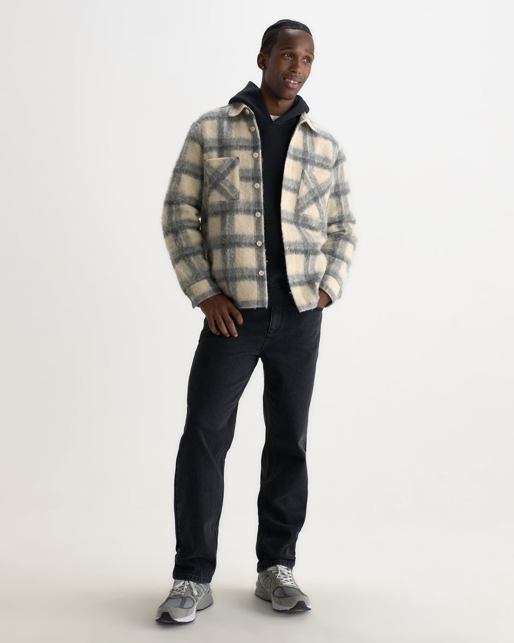 Whiting - Ecru And Grey Check Wool Blend Overshirt