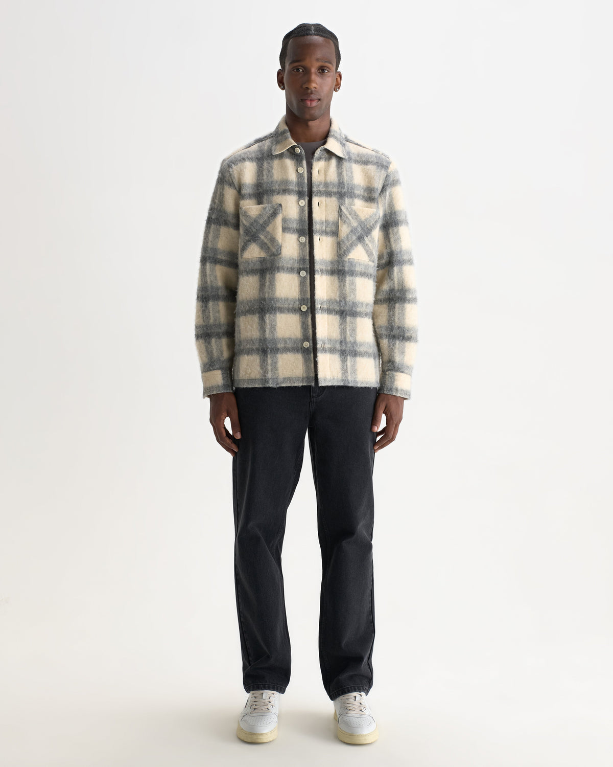 Whiting - Ecru And Grey Check Wool Blend Overshirt