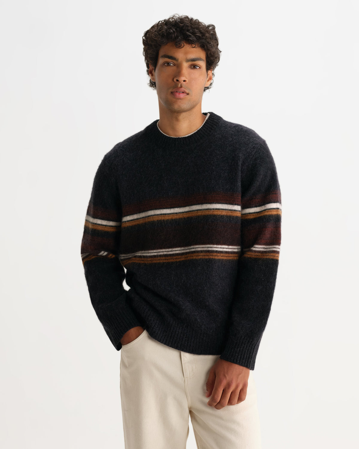 Wilde - Charcoal And Brown Bold Stripe Fluffy Wool Crewneck